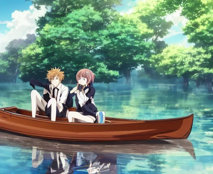 Prompt: anime key visual of a young man anime and young woman anime sitting together on one single long wooden rowboat. Romantic. Girl has auburn hair. Boy has short black hair. Boy and girl. Boy and girl. Narrow river in a forest, rocky shore, trees, shady, blue waters, ripples, waves, reflections, details, sharp focus, illustration, by Jordan Grimmer and greg rutkowski, Trending artstation, pixiv, digital art