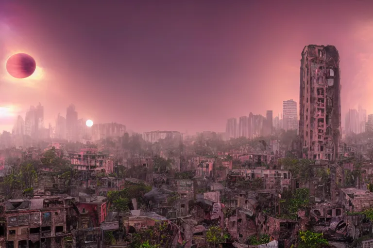 Image similar to Stunning photorealistic background of a city in ruin in a strange purple dimension with a large red sun looming in the distance on a rainy and foggy day, A large tower stands in the center of the crumbling buildings, parallax background