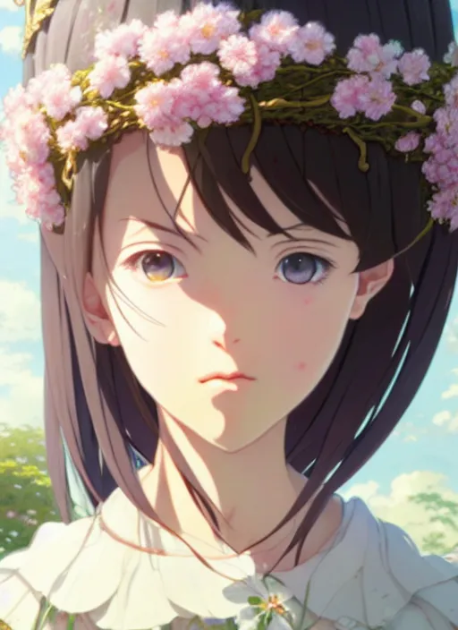 Image similar to a film still portrait of nymph girl with crown of flowers, finely detailed features, perfect art, trending on pixiv fanbox, painted by greg rutkowski makoto shinkai takashi takeuchi studio ghibli, akihiko yoshida,