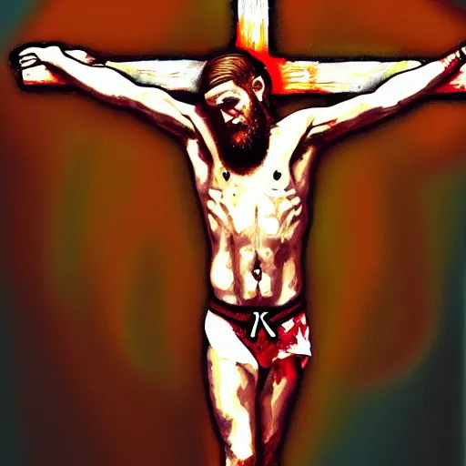 Prompt: religious portrait, conor mcgregor on the cross, crucifixion, oil on canvas, digital art