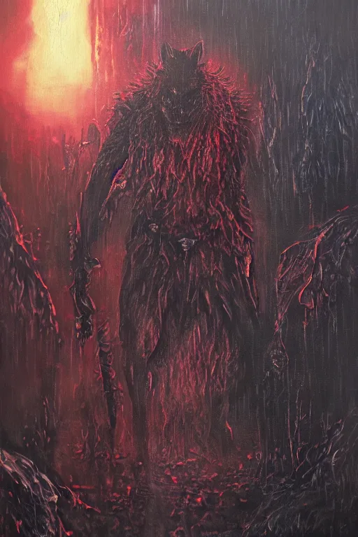 Image similar to wet werewolf oil painting, horror, castlevania, lovecraftian horror, bloody, pools of blood, reflecting, set in the bloodborne videogame