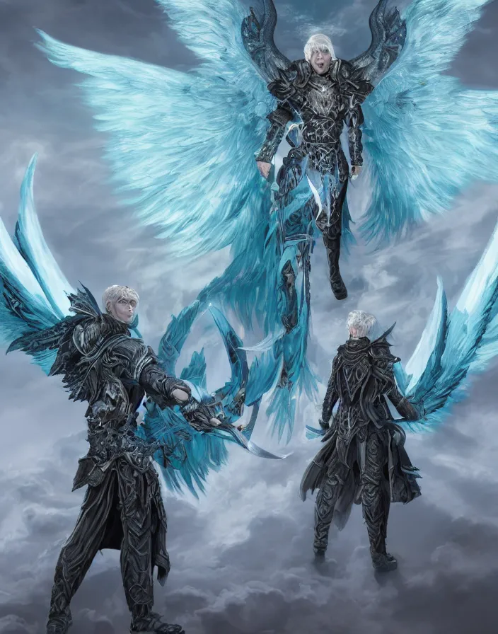 Prompt: An epic fantastic realism comic book style portrait painting of one male hexblade warlock aasimar, massive angel wings, teal energy, silver hair, middle aged, 8k, 4k, D&D Concept Art, unreal 5, DAZ, hyperrealistic, octane render, cosplay, RPG portrait, dynamic lighting