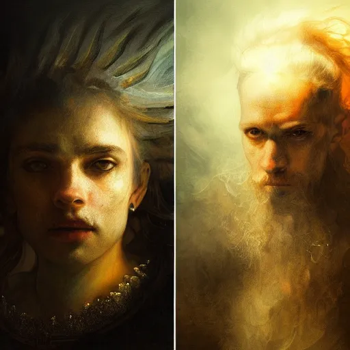 Prompt: Portraits based on the four horsemen of the apocalypse, intricate, elegant, menacing, fantasy, highly detailed, digital painting, shallow focus, illustration, beautiful volumetric lighting, epic light by Rembrandt