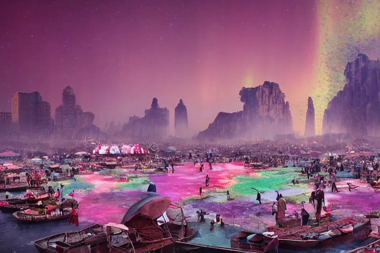 Image similar to floating markets of times square on new york on danakil depression with acid pools in grand mount roraima during sakura season on an interstellar aurora borealis, pink waterfalls, vendors, festivals, fun, by peter mohrbacher, james jean, james gilleard, greg rutkowski, vincent di fate, rule of thirds, octane render, beautiful landscape