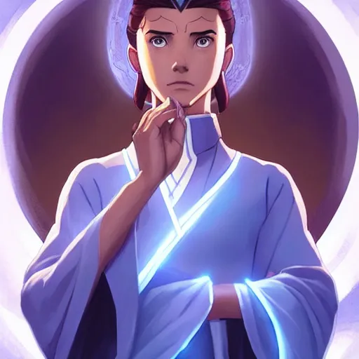 Image similar to Portrait of Avatar Korra wearing Jedi robes and meditating, Legend of Korra, Avatar the Last Airbender, intricate, elegant, highly detailed, digital painting, artstation, concept art, smooth, sharp focus, illustration, art by artgerm and greg rutkowski and alphonse mucha and andrei riabovitchev