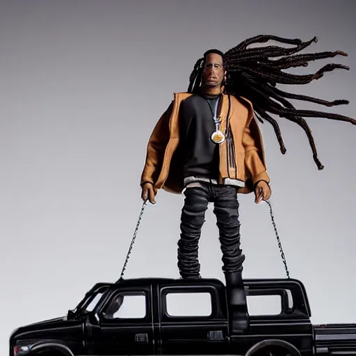 Image similar to travis scott action figure with dreads standing on top of a black rc pickup truck, close up studio photograph, white background