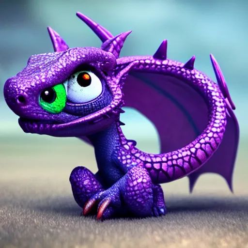 Image similar to adorable baby dragon, the dragon is purple and glittery, big eyes, Pixar CGI, octane render