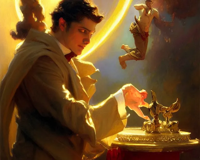 Image similar to attractive magician man, casting light magic, summoning a handsome god. highly detailed painting by gaston bussiere, craig mullins, j. c. leyendecker 8 k