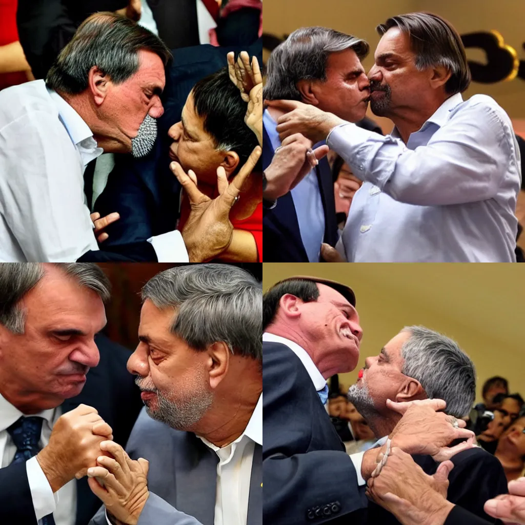 Prompt: Jair bolsonaro kissing lula's hand