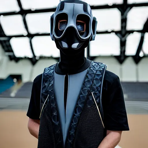 Image similar to medium face shot of adult Austin Butler with exposed head ((((mask)))), dressed in black-prussian blue futuristic-tudoresque clothing with embroidered-Ram-emblem, and nanocarbon-vest, in an arena in Dune 2021, XF IQ4, f/1.4, ISO 200, 1/160s, 8K