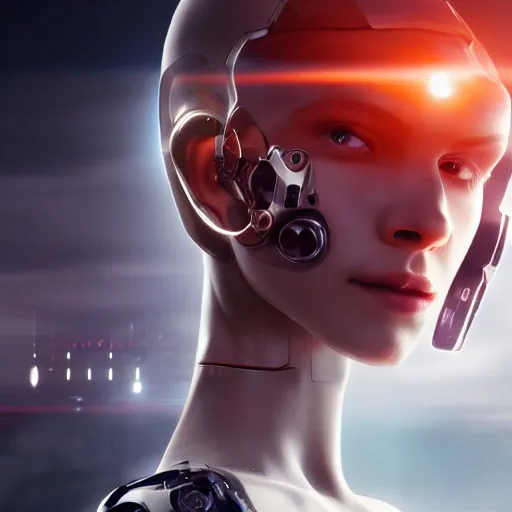 Prompt: cute cyborg young woman with a beautiful face and translucent mechanical body. cool action pose in a sci - fi blockbuster. 4 k extreme detail movie poster.