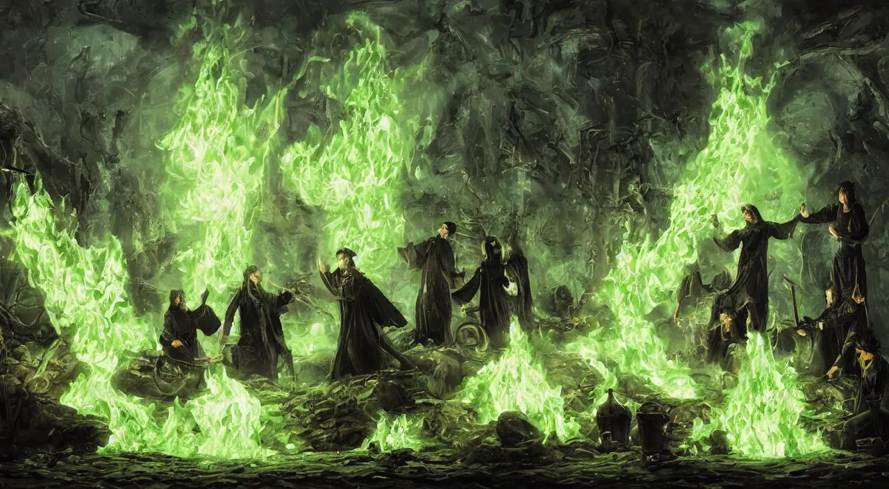 Image similar to A highly detailed oil painting by Greg Rutkowski of a group of sorcerers wearing black robes making a potion in a huge bubbling cauldron glowing bright green, with lots of fire coming from it, highly detailed fantasy concept artwork, very realistic, green and black color scheme, graffiti.