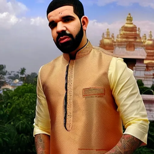 Prompt: kovil in background, wearing a silk kurta, photograph of drake the rapper, drake the rapper's face