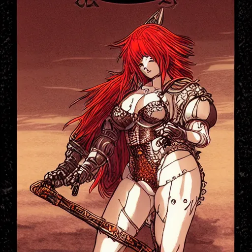 Image similar to precisely drawn illustration of anime red sonja, old-fashioned tarot card, victorian playing card, sepia tone, wide angle, sharp, fine details, anime, manga, cyberpunk, intense line art, 8k, precise linework, realistic, shaded lighting by katsuhiro otomo ghost-in-the-shell, magali villeneuve, artgerm, rutkowski Jeremy Lipkin and Giuseppe Dangelico Pino and Michael Garmash and Rob Rey