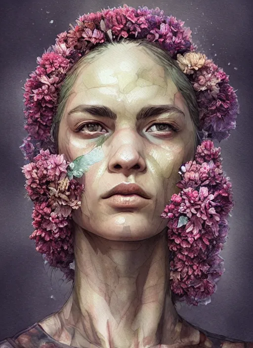 Image similar to handmade character portrait of an american soldier covered in amaratyllis, hydrangea, chrysanthemum and hyacinth, in the style of artgerm and enki bilal and bastien lecouffe - deharme, wlop, line art, watercolor, cinematic lighting, hyperdetailed, hyperrealistic