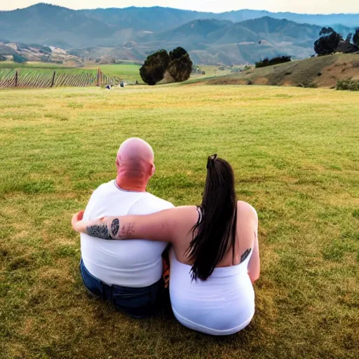 Image similar to portrait of a young chunky bald white male tattoos and his young white female brown hair wife with tattoos. male is wearing a white t - shirt, tan shorts, white long socks. female is has long brown hair and a lot of tattoos. photo taken from behind them overlooking the field with a goat pen. rolling hills in the background of california and a partly cloudy sky