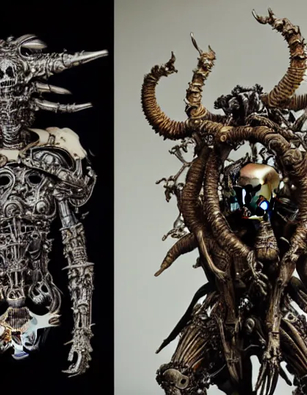 Image similar to still frame from Prometheus by utagawa kuniyoshi , lich king Dr doom in ornate bio cybernetic bone armour and skull mask helmet in bone chapel by Wayne Barlowe by peter Mohrbacher by giger , dressed by Alexander McQueen and by Neri Oxman, metal couture hate couture editorial