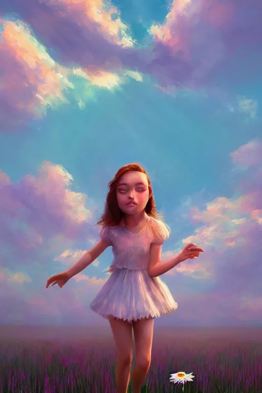 Prompt: giant white daisy flower face, girl dancing in a flower field, surreal photography, sunrise, dramatic light, impressionist painting, colorful clouds, digital painting, artstation, simon stalenhag