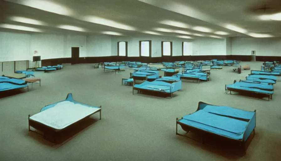 Prompt: 60s movie still of a sovietic stalinist style empty ballroom with beds, cinestill 800t 50mm eastmancolor, liminal Space style, heavy grain-s 150