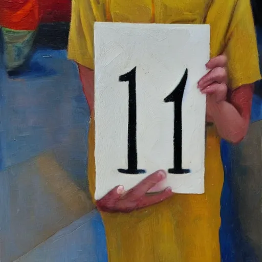 Prompt: a person holding a sign that says 1 + 1 = 3, oil painting, intricate