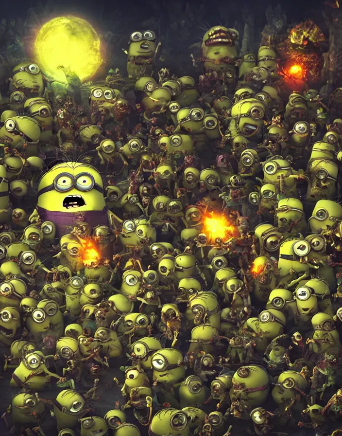 Image similar to minion zombies swarming Bowser's castle , ambient lighting, atmospheric, stunning visuals, creative, cinematic, ultra detailed, trending on art station