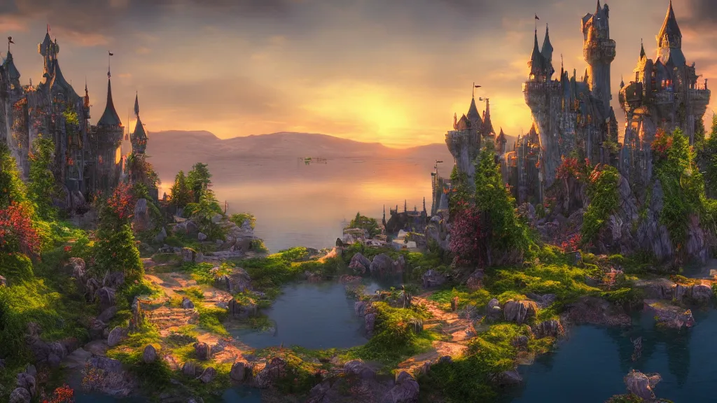 Prompt: fantasy castle with lake in sunset, fantasy artwork, very very very beautiful scenery, hd, hdr, ue5, ue6, unreal engine 5, cinematic 4k wallpaper, 8k, ultra detailed, high resolution, artstation, award winning