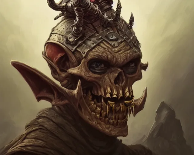 Image similar to a mind - blowing portrait of a goblin chieftain, wearing a human skull as a hat, deep focus, d & d, fantasy, intricate, elegant, highly detailed, digital painting, artstation, concept art, matte, sharp, illustration, hearthstone, art by artgerm and greg rutkowski and alphonse mucha