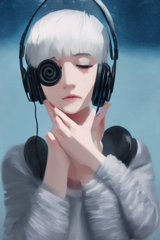 Image similar to a cute young woman listening to music with her eyes closed and wearing headphones, white bob cut hair, freckles, dark thunderclouds in the backround, vivid colors, soft lighting, cinematic, moody, nier automata, poster, oil on canvas, in the style of Ilya Kuvshinov, 8k