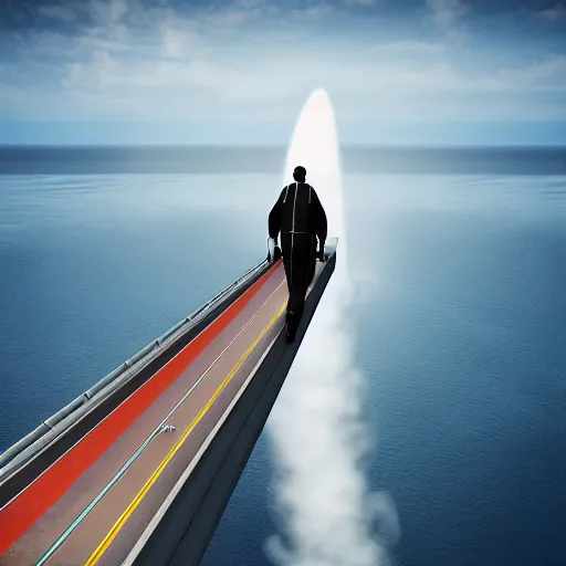 Prompt: a milkman with a jetpack inspecting an endless bridge spanning the ocean, photo realistic, realistic lighting, realistic shadows, ocean, bridge, milkman, surface reflections