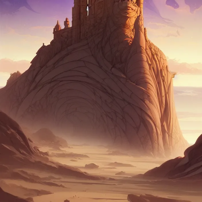 Image similar to style artgerm, joshua middleton, gerald brom, a giant brown stone castle in the desert, very long spires, sand swirling, detailed, ocean background setting, volumetric lighting