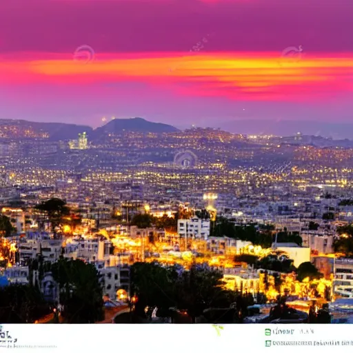 Prompt: a beautiful haifa city with lots of glowing crystals, sunset lighting,