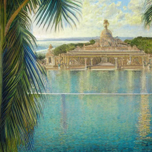 Image similar to a ultradetailed beautiful painting of the amazonas palace balustrade designed by jules bastien - lepage, hans belmer, frank weston and gustave baumann, beach, trending on artstation, mediterranean, palm trees, refracted color sparkles, sharp focus, soft light, 8 k 4 k