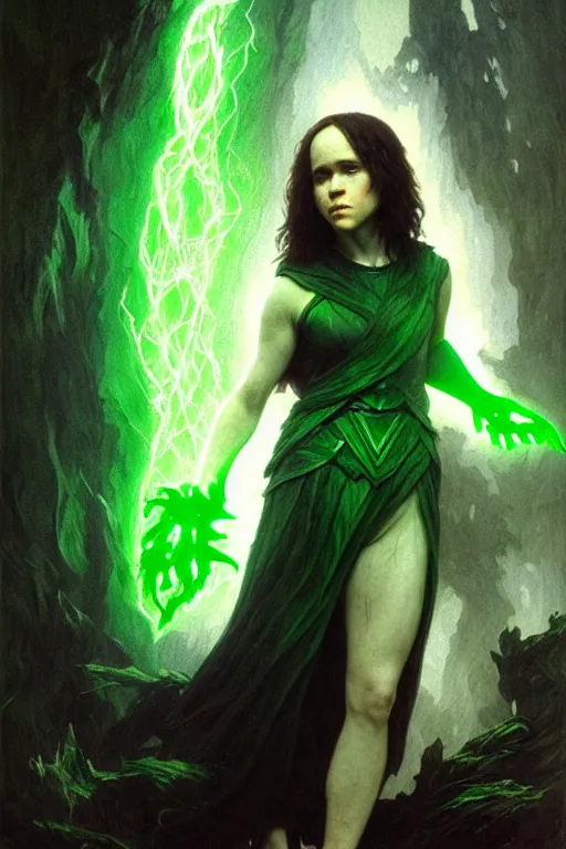 Image similar to ellen page as a dark sorceress casting a green spell, green lighting, fantasy character portrait, ultra realistic, concept art, intricate details, highly detailed by james bama, william adolphe bouguereau and frank frazetta