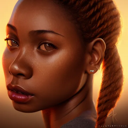 Image similar to a photorealistic hyperrealistic, bright brown eyes, light skinned african young girl, ponytail hair, flawless face, beautiful lips, cute face, by wlop, artgerm, greg rutwoski, alphonse mucha, beautiful dynamic dramatic low - light moody lighting, cinematic atmosphere, artstation, concept design art, octane render, 8 k