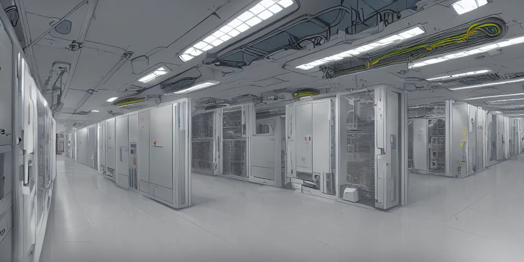 Image similar to parallax datacenter server room white rusty android robocowboy in artstation