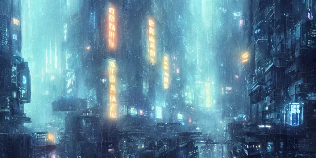 Image similar to bladerunner city, Makoto Shinkai, filmed, flying cars, raining, night, trending on ArtStation, oppressive lighting, trending on artstation, very detailed