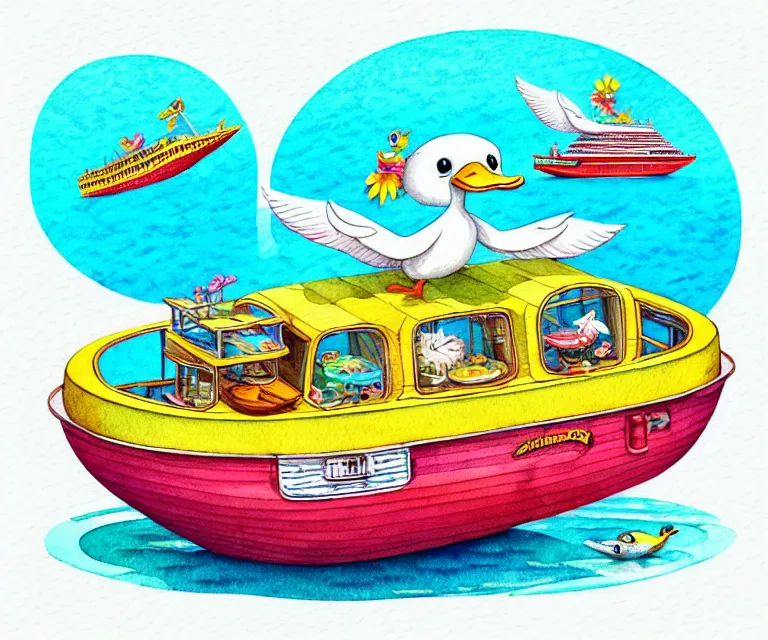 Prompt: cute and funny, duck riding in a tiny caribbean cruise ship, ratfink style by ed roth, centered award winning watercolor pen illustration, isometric illustration by chihiro iwasaki, edited by craola, tiny details by artgerm and watercolor girl, symmetrically isometrically centered