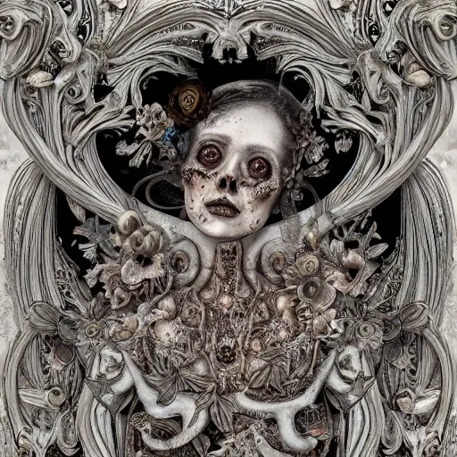 Image similar to a beautiful detailed front view baroque portrait of a rotten woman corpse with fractal plants and fractal flowers and mushrooms growing around, intricate, symmetrical, ornate, bones, art nouveau style