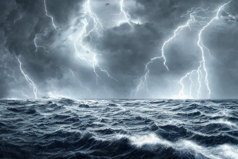 Image similar to surreal scene of a storm at sea, cinematic masterpiece