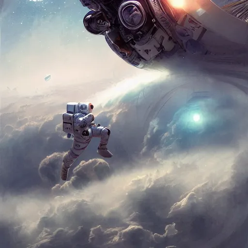 Image similar to astronaut falling through the clouds in jupiter, by cedric peyravernay, highly detailed, excellent composition, cinematic concept art, dramatic lighting, trending on artstation