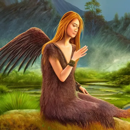 Image similar to mythical harpy, wearing Inka clothes, sad expression, sitting at a pond, mountainous area, trees in the background, digital art