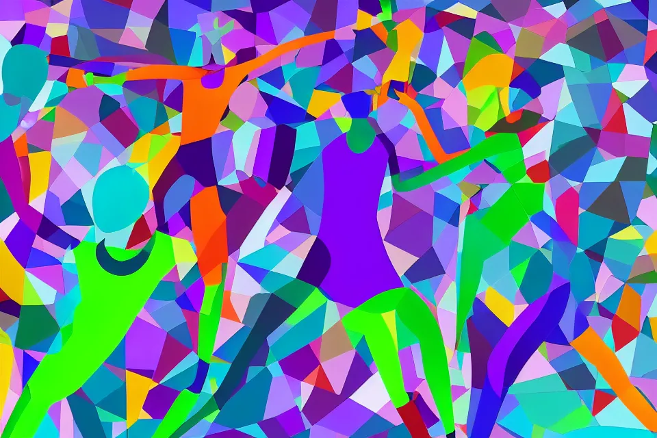 Image similar to a colorful, computer generated, abstract geometric intriguing render, abstract human figures dancing, blue, purple, green