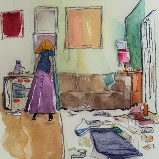 Prompt: woman with adhd - ip stands in her messy house. watercolour