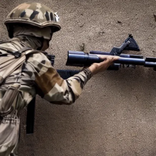 Prompt: A cat firing an AK-47 like a human soldier, award-winning photography