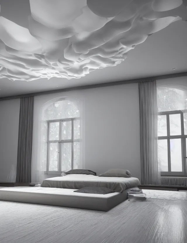 Image similar to an ultra wide angle photo of a floating bed hovering above the floor in the middle of a giant tesselating bedroom with windows opening to other worlds, photorealistic, octane render, recursive!!!!, flowing, cascading, multiverse!!!!!!, labyrinthine