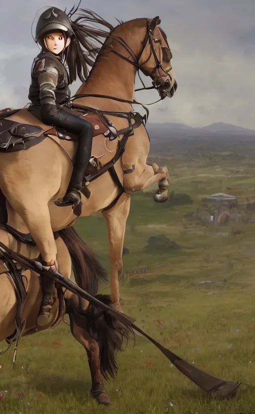 Prompt: panoramic view, a girl riding a horse, soldier clothing, battlefield in background, anime style, hair down, symmetrical facial features, realistic hands, from arknights, hyper realistic, 4 k, extreme detail, cavalry, trending artstation, safebooru, realistic lighting, by alphonse mucha, greg rutkowski, sharp focus