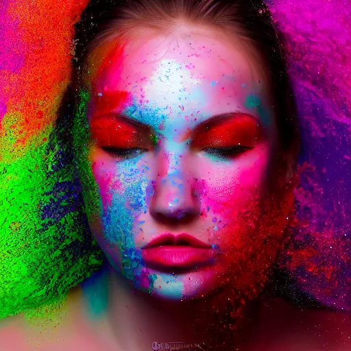 Prompt: portrait of a beautiful girls face exploding into splashes of colour, studio lightning, realistic, 8 k