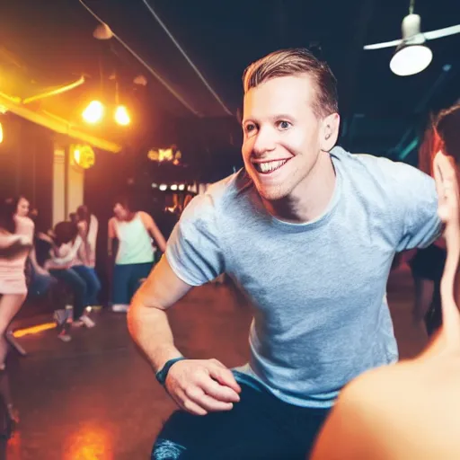 Image similar to photo of a 3 2 year old white man living thinking he's living the best life possible. he looks young for his age. he is at a dance club, it's as if he were in a music video. young woman are flocking to him and can be seen dancing around him in a seductive manner.