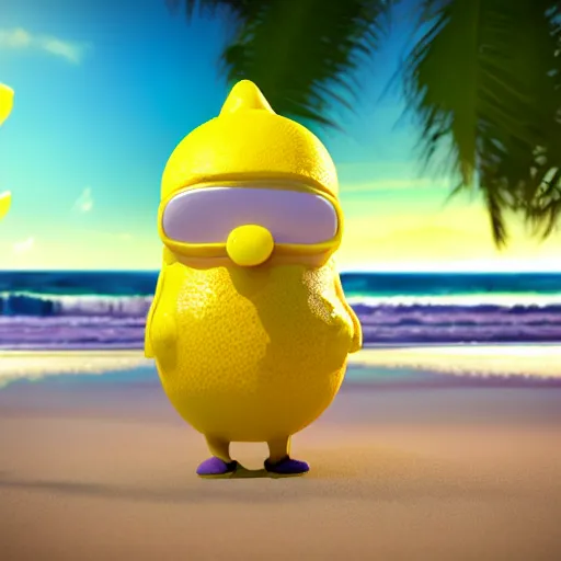 Image similar to 3 d octane render, of an anthropomorphic lemon character inspired by cartoon adventure time with lemon skin texture, it is wearing a hat, building a sandcastle on the beach at sunset, beach, huge waves, sun, clouds, long violet and green trees, rim light, cinematic photography, professional, sand, sandcastle, volumetric lightening