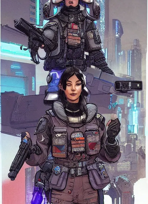 Image similar to apex legends cyberpunk police detective. concept art by james gurney and mœbius. gorgeous face.